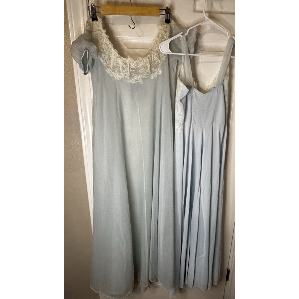 Vintage Blue Lace Peignoir Set Chiffon Robe Nightgown Cottagecore Bridal